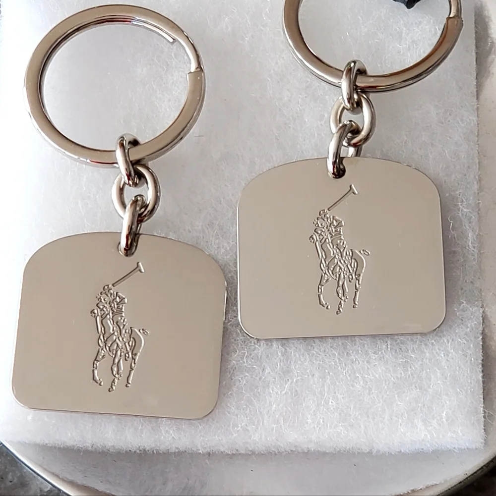 Polo Ralph Lauren Set of 2 Silver Tone Metal Engraved Logo Key Chains, NWOT